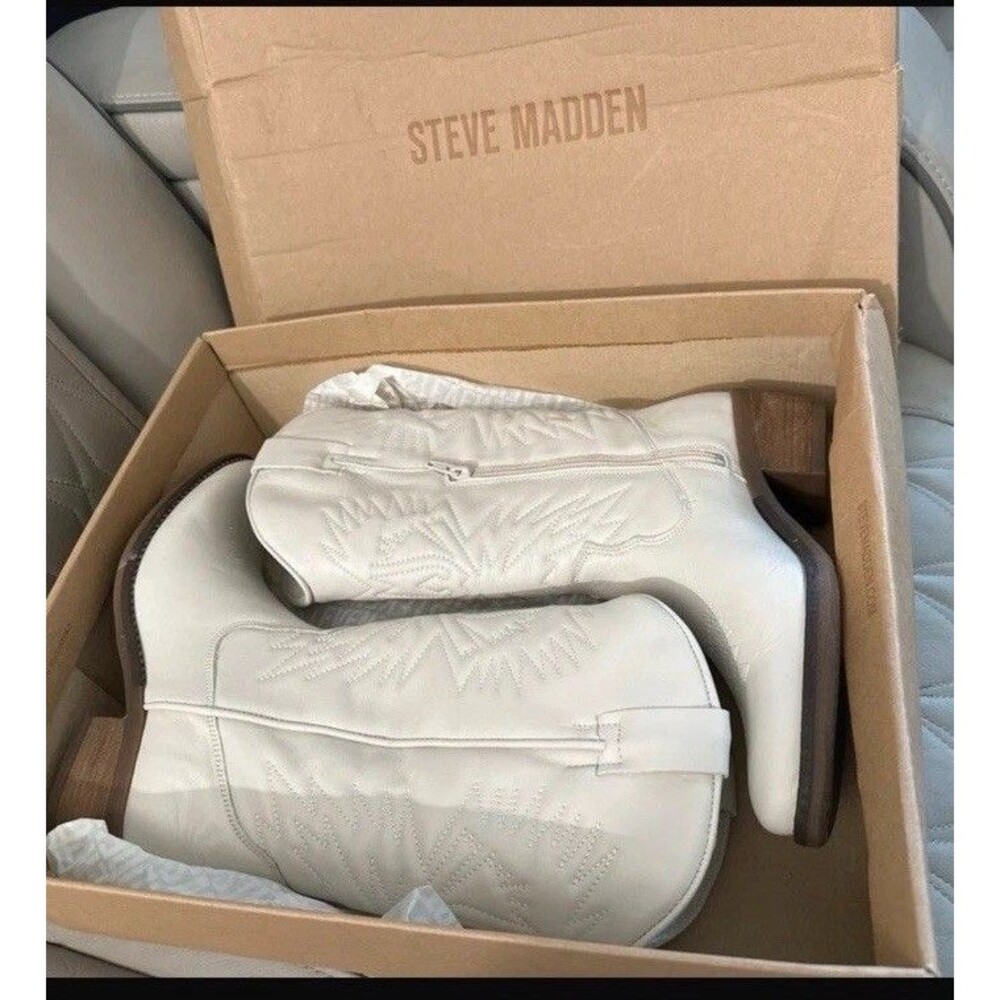 Steve Madden Women's White Knee High Western Zip Boots Faux Leather US 8 M